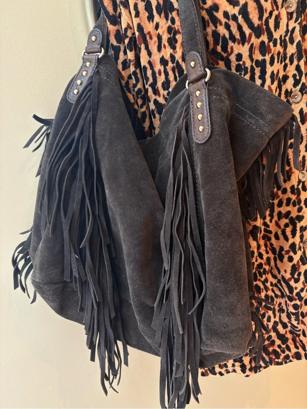 HUGE GAP Leather/Suede Hobo Fringe Bag Gold Hardware 17”!!!